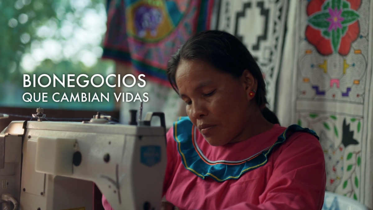 An indigenous woman using a sewing machine.