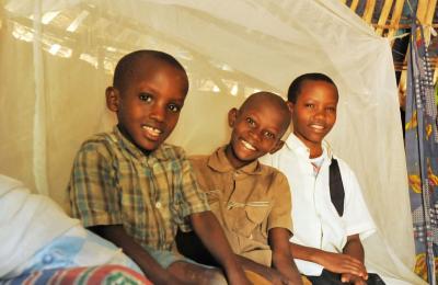 Three smiling boys sit on a bed in front of a mosquito bed net
