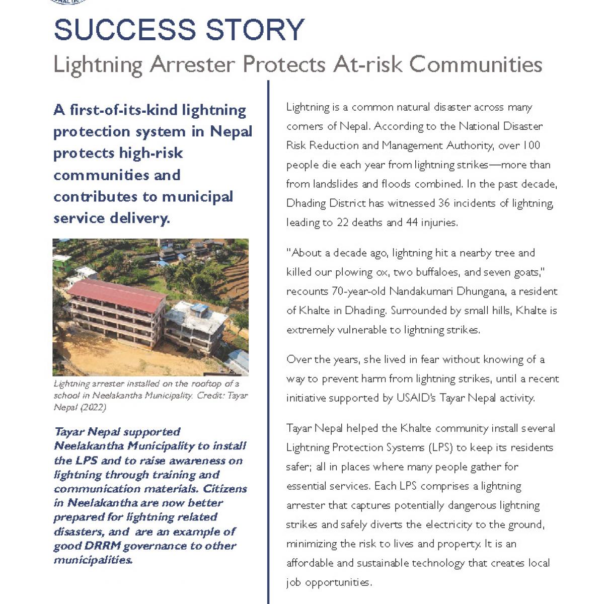 Nepal Impact Story Tayar Nepal-Lightning Arrester Protects At-risk Communities Cover