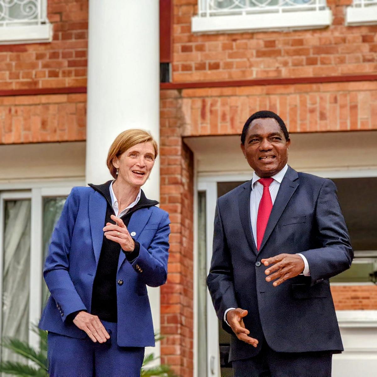 USAID Administrator Samantha Power with Zambia President Hakainde Hichilema in Zambia. During the June 2022 visit, Power discussed the president’s reform agenda and how the United States can support the government as it works to advance democracy and deliver for the people of Zambia.