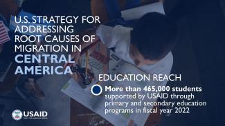 U.S. Strategy of Addressing Root Causes of Migration in Central America - Education Reach. More than 465,000 students supported by USAID through primary and secondary education programs in fiscal year 2022.