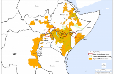 Map of Eastern Africa highlighted in places of regional resilience focus zones by country. Large sections of northeastern Kenya, eastern Ethiopia, eastern and western South Sudan, and eastern Congo DRC are highlighted. 