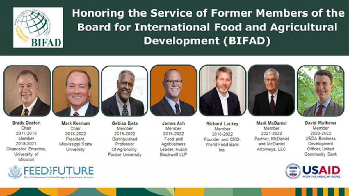  Images of seven former BIFAD members, Brady Deaton, Mark Keenum, Gebisa Ejeta, James Ash, Richard Lackey, Mark McDaniel, David Matthews