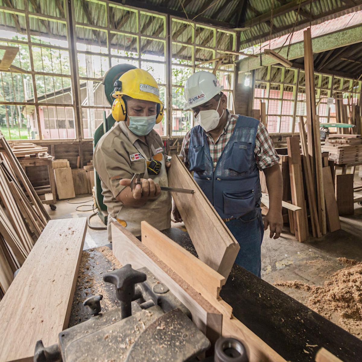 Two men working at a sawmill in the rainforest
