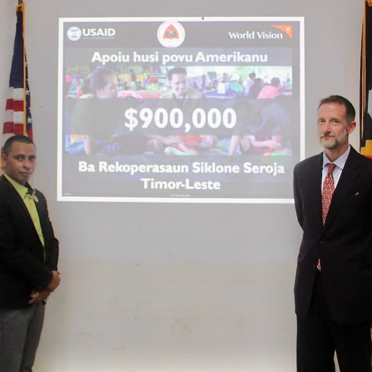 Ambassador Kevin Blackstone and USAID Mission Director Zema Semunegus (right) attend a ceremony announcing additional humanitarian assistance to Timor-Leste. 