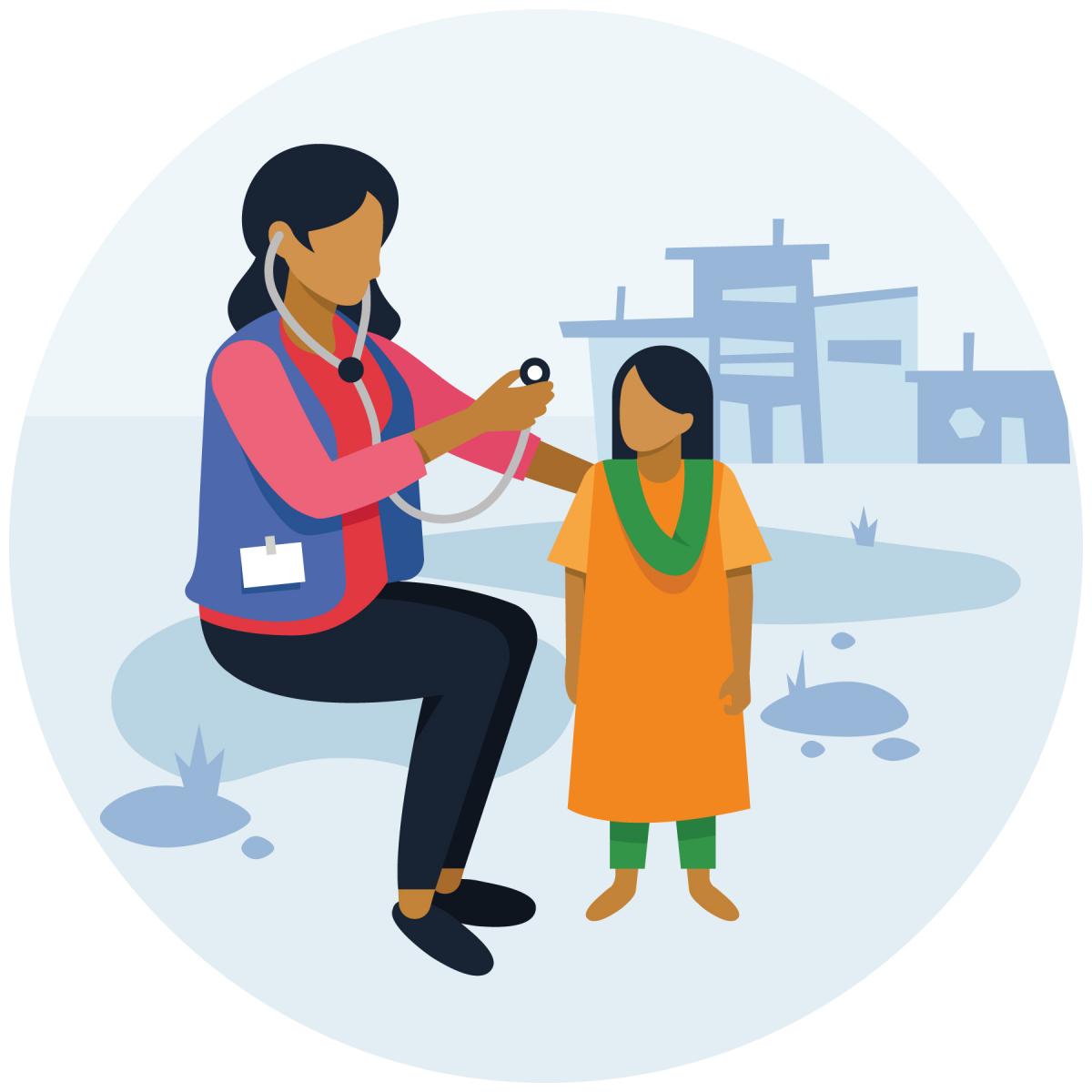 Health worker examines a child with a stethoscope. 