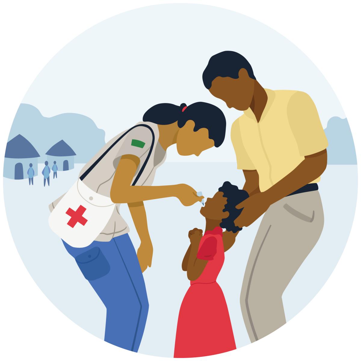 A community health worker administering an oral vaccination to a child who is accompanied by their father. 