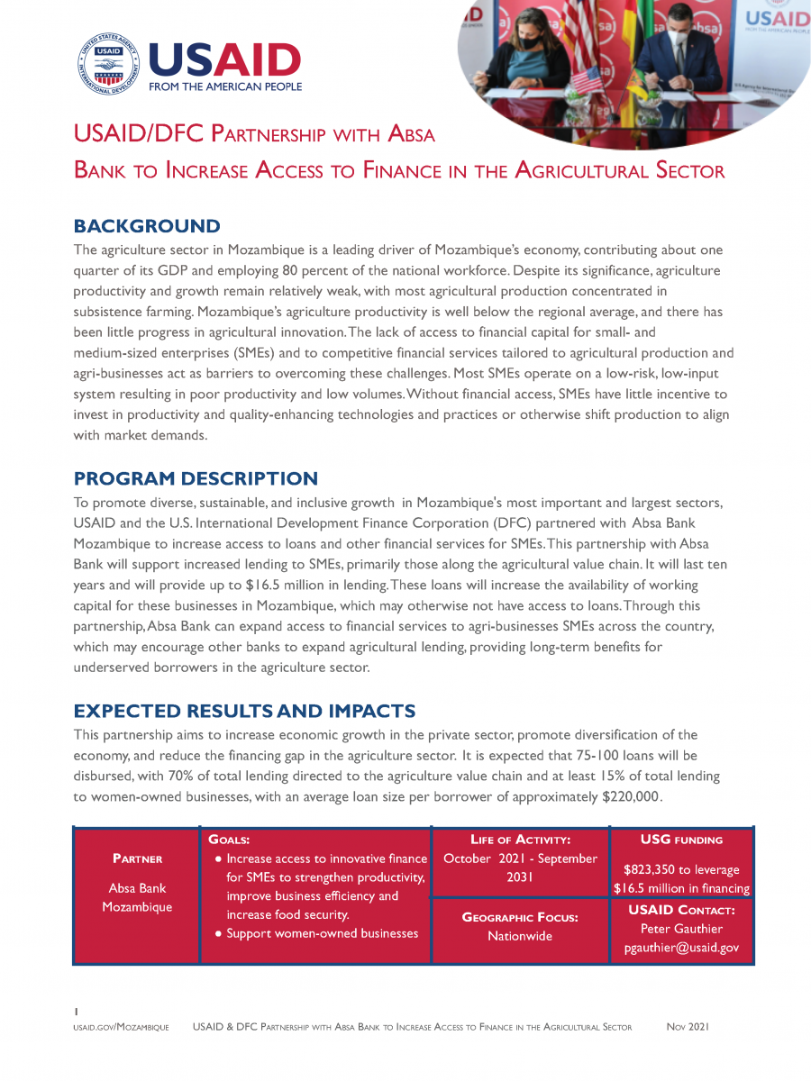 USAID/DFC Partnership with ABSA Bank to Increase Access to Finance in the Agricultural Sector
