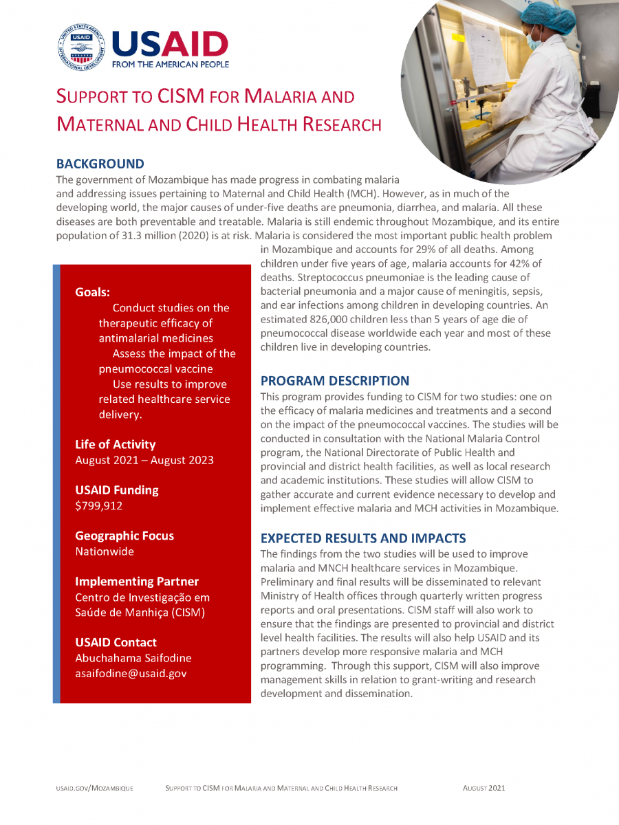 SUPPORT TO CISM FOR MALARIA AND MATERNAL AND CHILD HEALTH RESEARCH