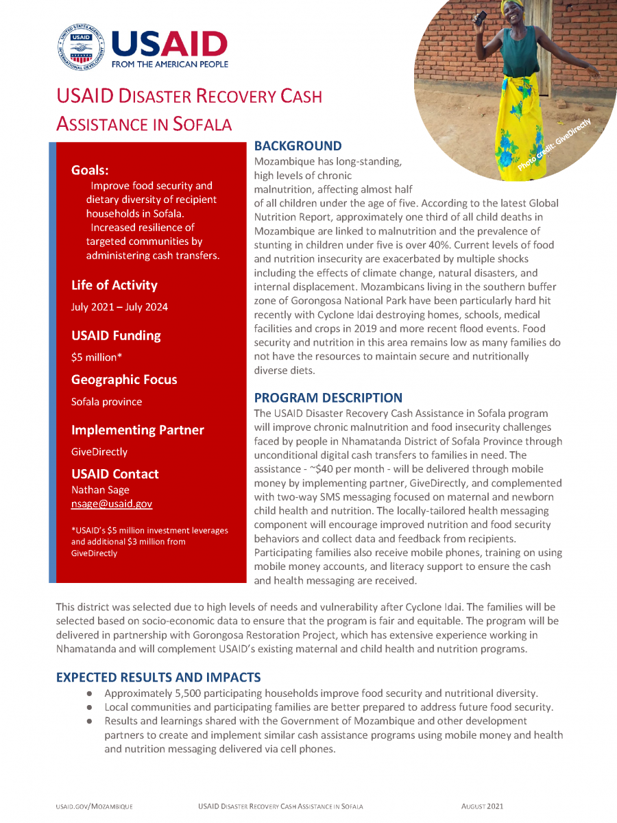 USAID DISASTER RECOVERY CASH ASSISTANCE IN SOFALA 
