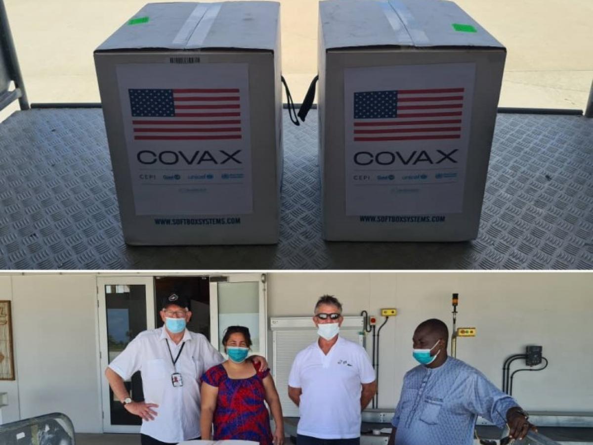 (Top) Two boxes of COVAX vaccines. (Bottom) Four individuals standing with two boxes of COVAX Vaccines. 