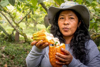 A women holding a cacao fruit