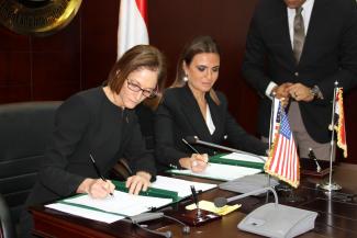 Mission Director Sherry F. Carlin and Minister of Investment and International Cooperation Saher Nasr signing the $100 million bilateral assistance agreement