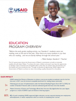USAID Malawi Education Factsheet with an image of a girl holding a book in a purple school uniform