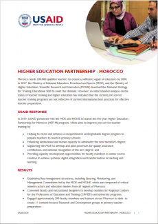 This is a screenshot of the first page of the Higher Education Partnership-Morocco fact sheet.