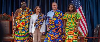 U.S. VICE PRESIDENT KAMALA HARRIS AND THE SECOND GENTLEMAN OF THE UNITED STATES DOUGLAS EMHOFF PAY THEIR RESPECTS TO OSABARIMA KWESI ATTA II, PARAMOUNT CHIEF OF CAPE COAST GHANA. 