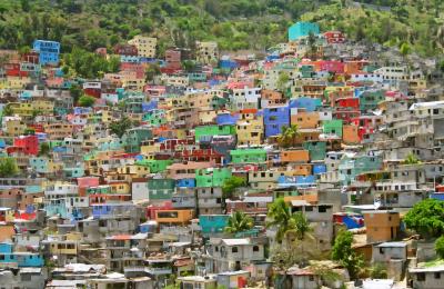 Multi-colored houses on a hillside. 