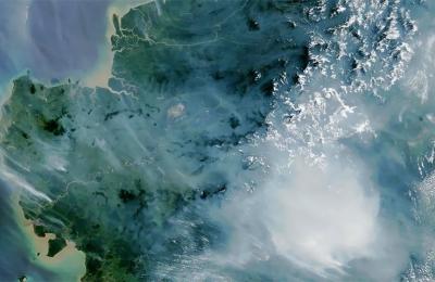Satellite image over Borneo of a forest fire