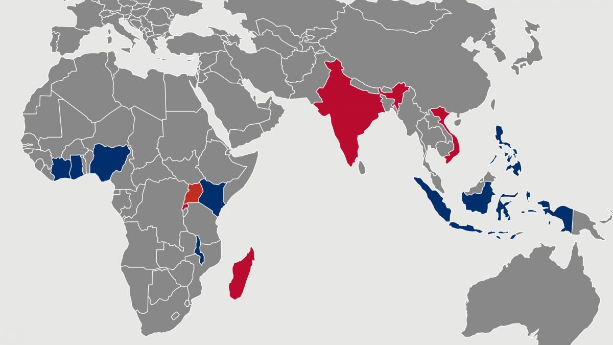 Map of Primary Impact Countries: Côte d’Ivoire, Ghana, Indonesia, Kenya, Malawi, Nigeria, Philippines, India, Madagascar, Rwanda, Uganda, and Vietnam.