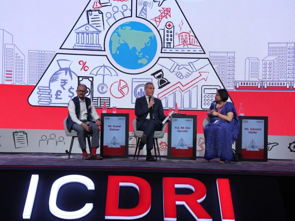Kamal Kishore, Member and Head of Department, NDMA, Government of India, Eric Garcetti, Ambassador of the United States of America to India, and Suhasini Haider, Diplomatic Editor and Deputy Resident Editor, The Hindu at the Opening Plenary of ICDRI 2024.