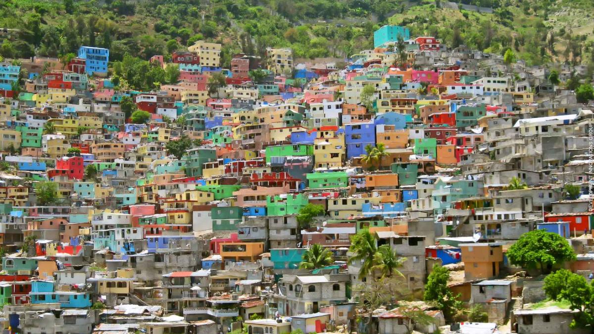 Multi-colored houses on a hillside. 
