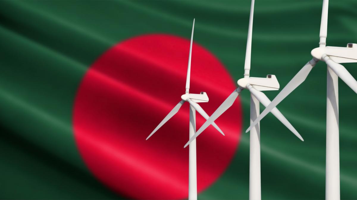 Photomontage of wind turbines in front of the flag of Bangladesh 