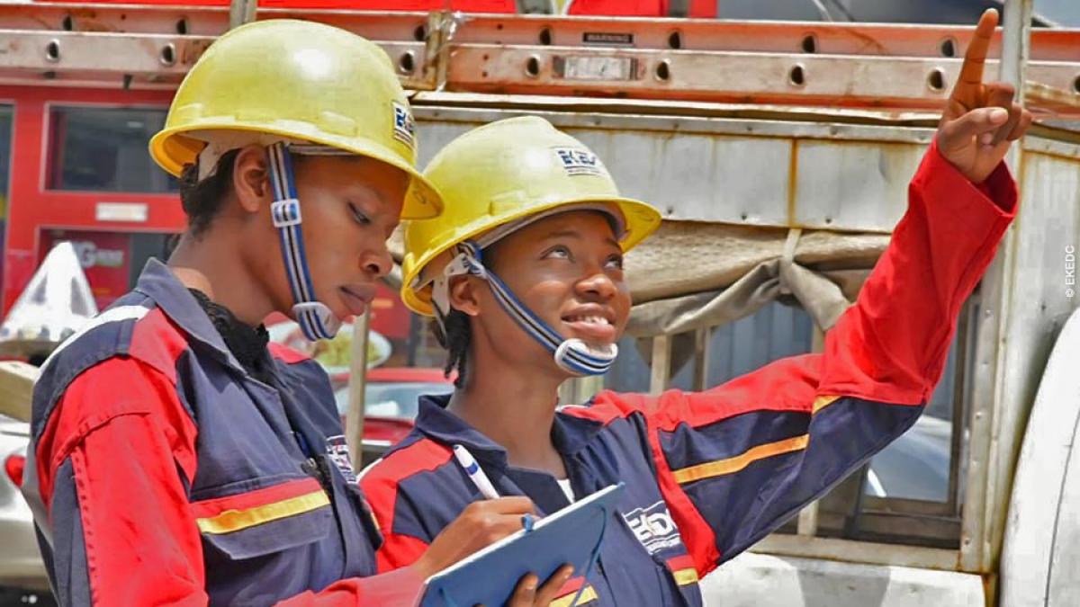 Blessing Oyeniyi and Adeyemi Opeyemi, the first female line workers at Eko Electricity Distribution Company (EKEDC) in Nigeria.