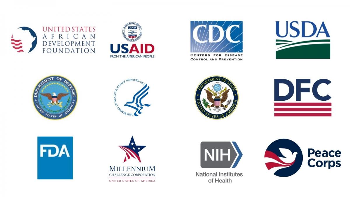 Logos (left to right) | Row 1: U.S. African Development Foundation, USAID, CDC, USDA | Row 2: U.S. Department of Defense, U.S. Department of Health & Human Services , U.S. Department of State, DFC | Row 3: FDA, MCC, NIH, Peace Corps