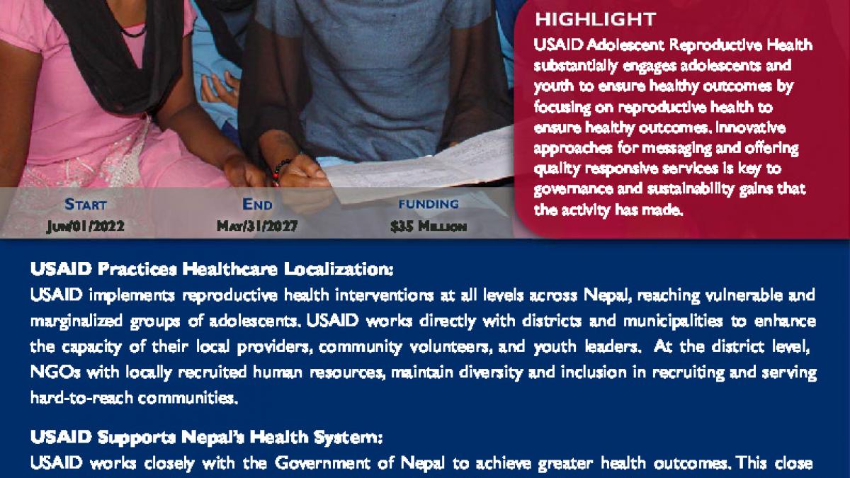 Nepal Snapshot HO USAID Adolescent Reproductive Health Cover