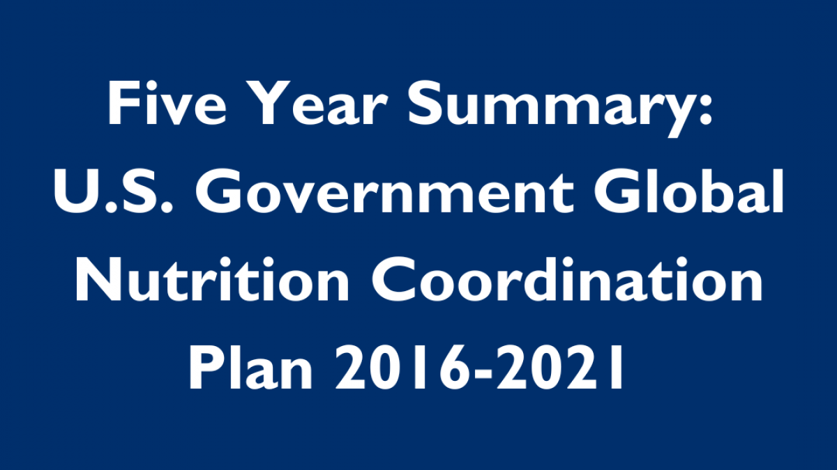 blue box with text that reads: Five year summary: U.S. Government Global Nutrition Coordination Plan 2016-2021