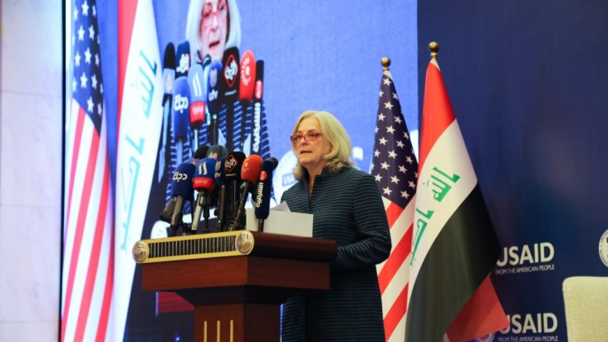 U.S. Ambassador to Iraq Alina L. Romanowski delivers remarks at the USAID Access to Finance Conference on June 29 in Baghdad