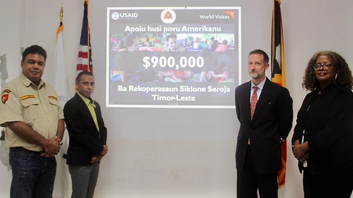 Ambassador Kevin Blackstone and USAID Mission Director Zema Semunegus (right) attend a ceremony announcing additional humanitarian assistance to Timor-Leste. 