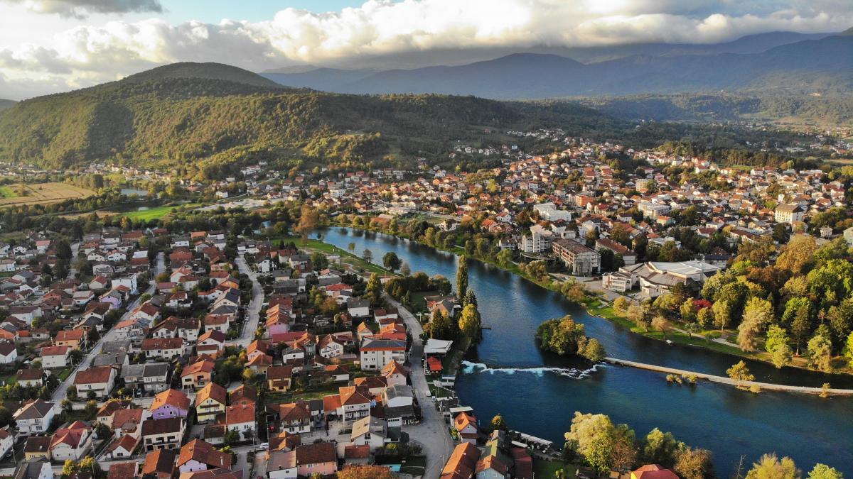 Panorama image of Bihać town, tucked on the banks of Una river in northwestern Bosnia and Herzegovina.