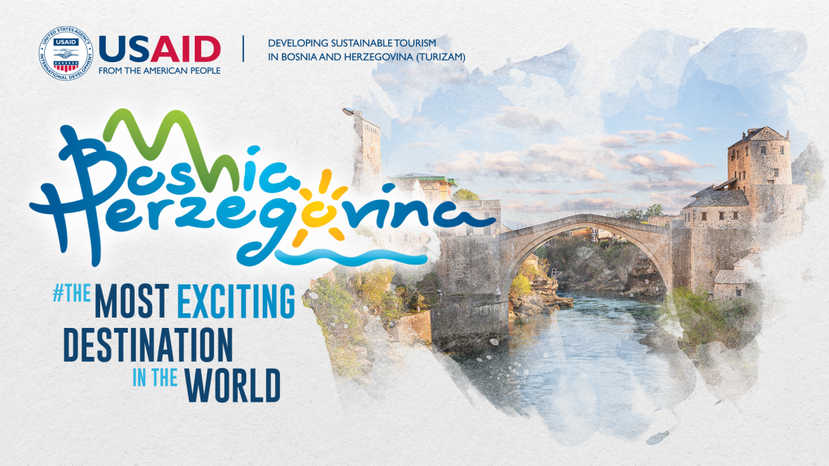 Graphic promoting BiH as "The Most Exciting Destination in the World," with an illustration of the Mostar bridge.