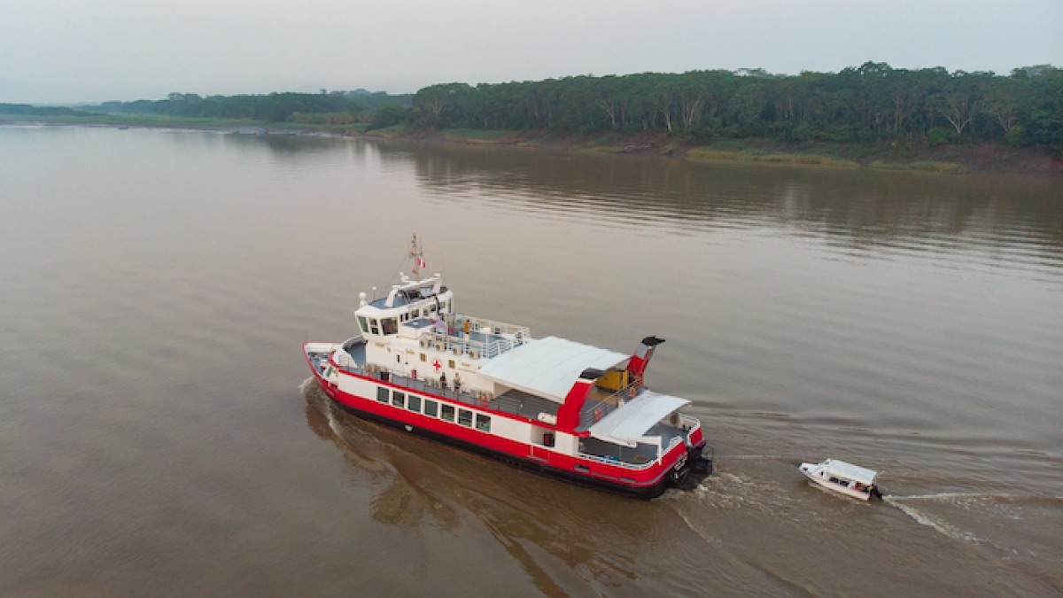 Hospital ship sailing an amazonian river