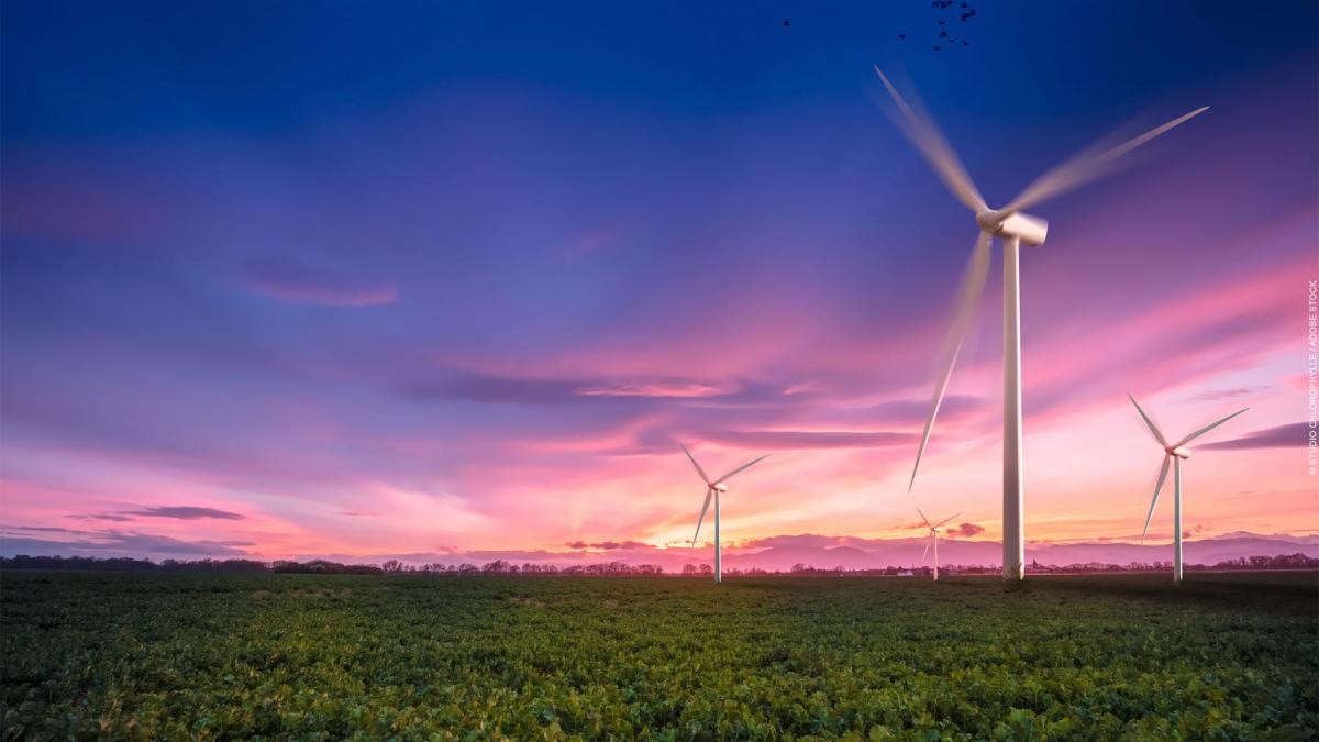 Wind turbines tower over lush green farmland during a purple sunset