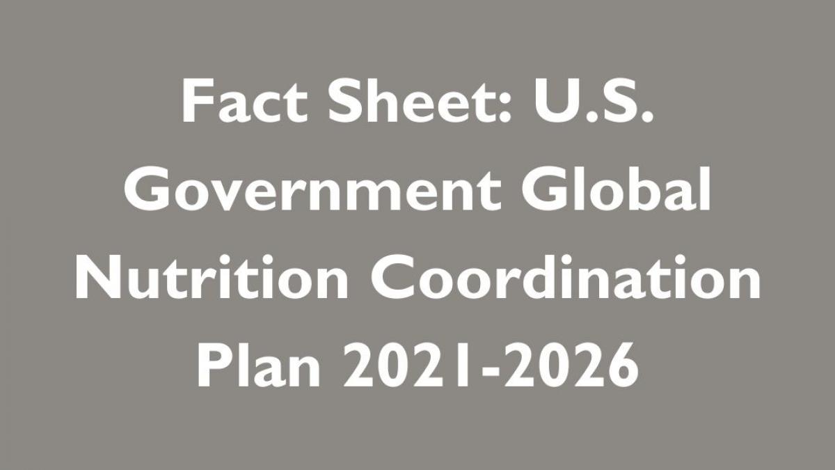 Gray box with text that reads: Factsheet, U.S. Government Global Nutrition Coordination Plan 2021-2026