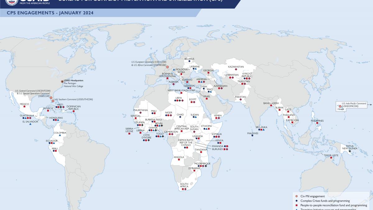 This map uses colors and shapes to show where CPS is engaging around the world as of January 2024.