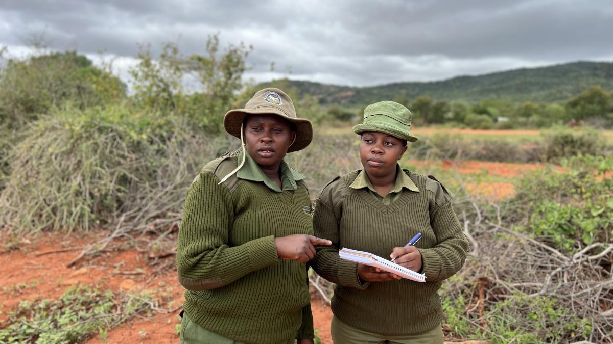 Filster and Violet, SAA-trained rangers carrying out their daily tasks at Kasigau Wildlife Conservancy. They also lead community engagements aimed at confronting and changing harmful gender stereotypes. PHOTO CREDIT: Joyce Mbataru 