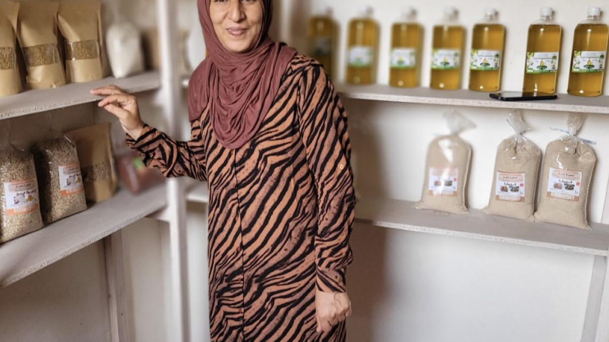 Cooperative Iatibar president, Touria Abounaouafil, displays products in her recently refurbished shop in, Ain Nafad, 30 kilometers from Marrakech. Cooperative Financing Program funds were also used to purchase grains, raw materials and product packaging.
