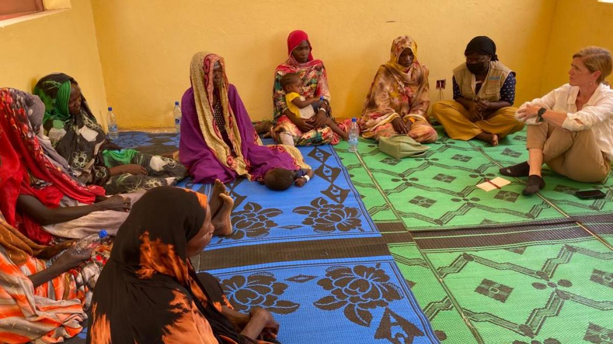 Administrator Power has a conversation with female Sudanese refugees at Camp Gaga in Chad.