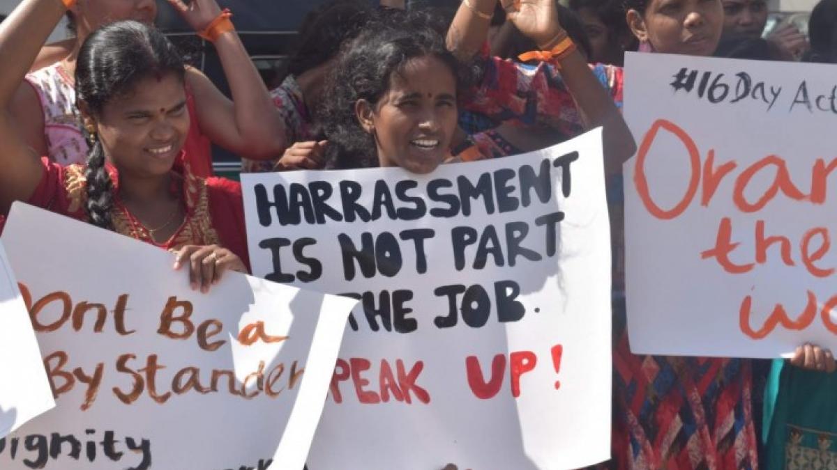 Civil society groups advocate for an end to workplace harassment and gender-based violence.