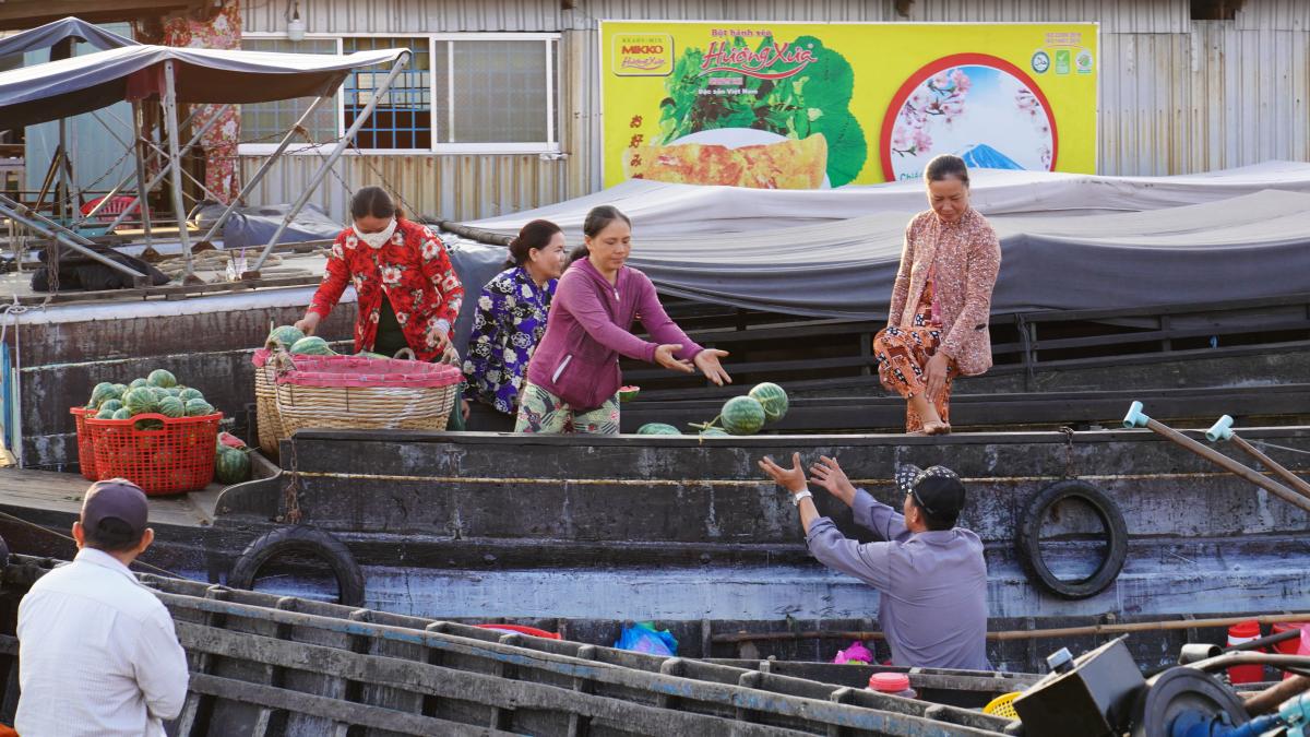 Local vendors prepare to sell watermelons at the Cai Rang Floating Market