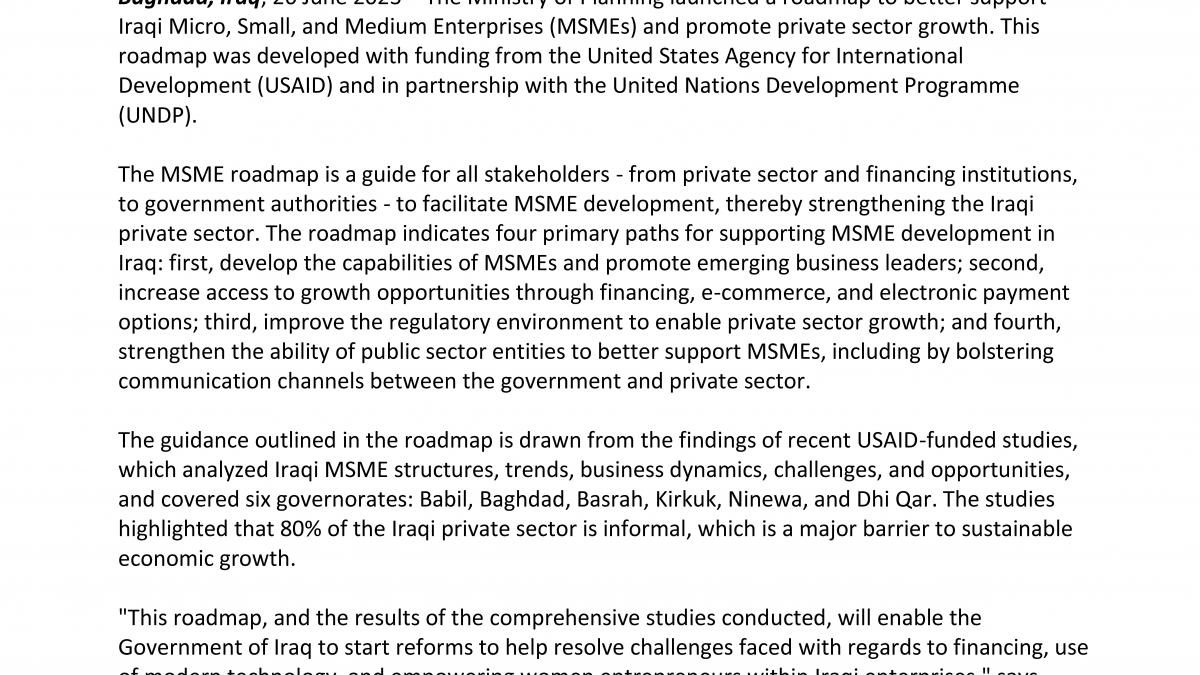 USAID, Ministry of Planning, and UNDP launch micro, small and medium sized enterprises roadmap in support of private sector growth in Iraq