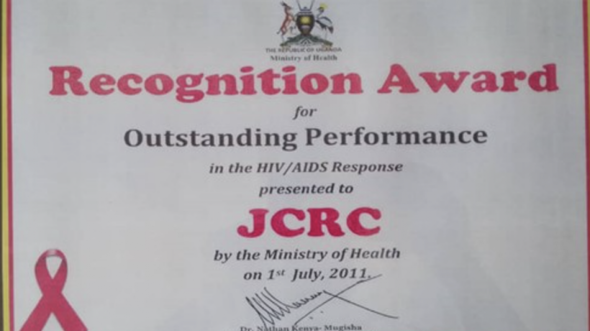 In July 2011, JCRC received a special award from the Uganda Ministry of Health for outstanding performance in the HIV/AIDS response.