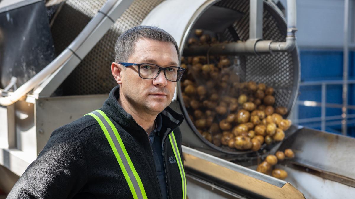 A man stands next to a potato sorting machine.