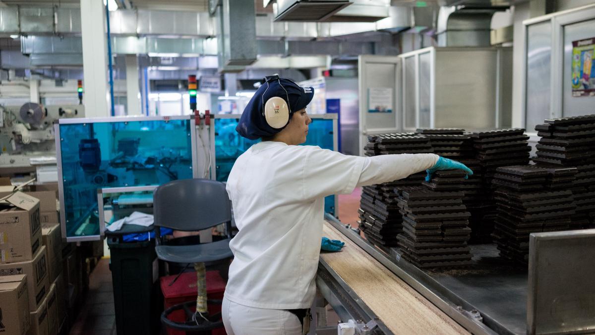 A factory worker stacks chocolate bars
