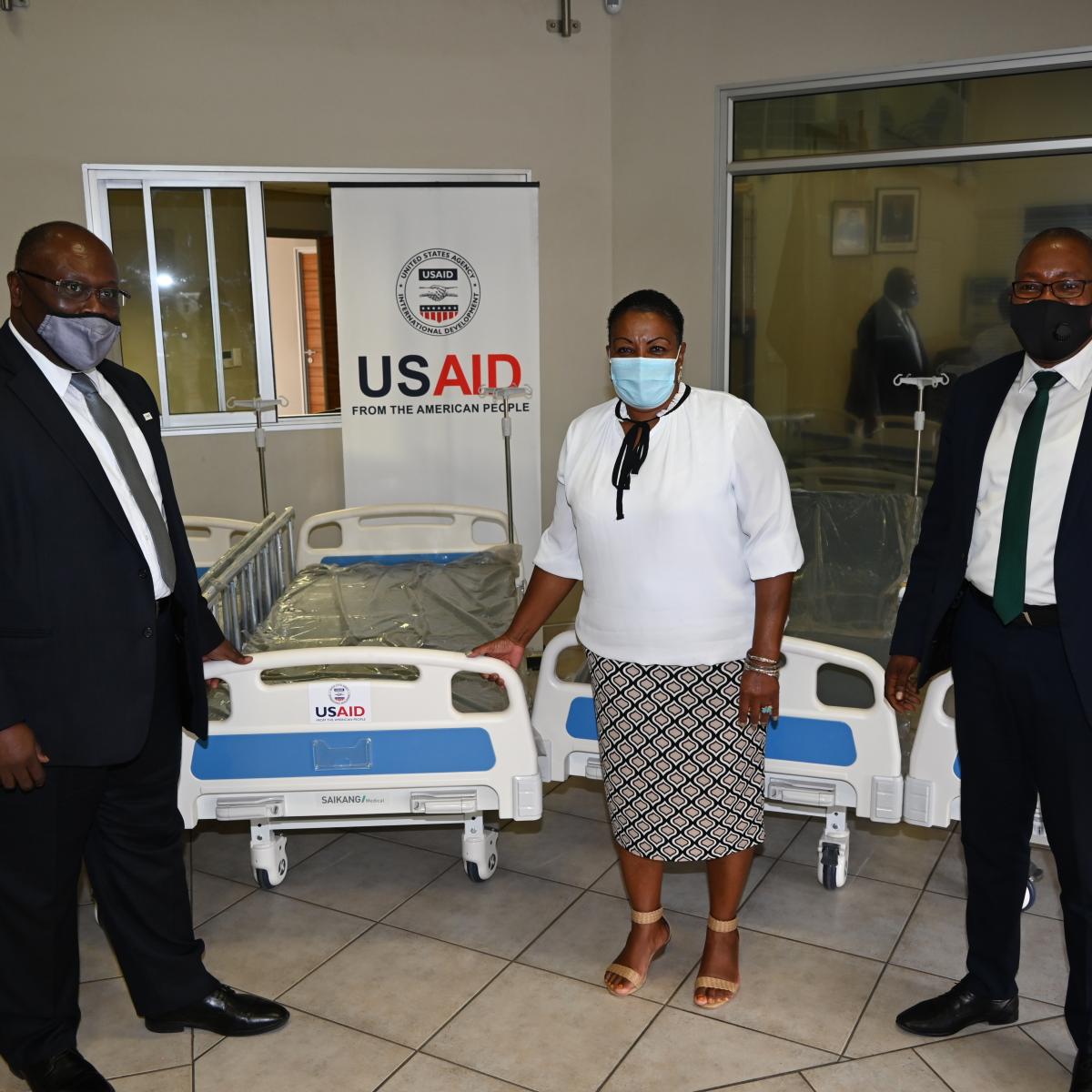 At the handover of 70 ICU beds donated by the United States to Namibia (from left to right): McDonald Homer, USAID Country Representative, Hon. Dr. Esther Muinjangue, Deputy Minister of Health and Social Services, and Ben Nangombe, Executive Director of the Ministry of Health and Social Services.