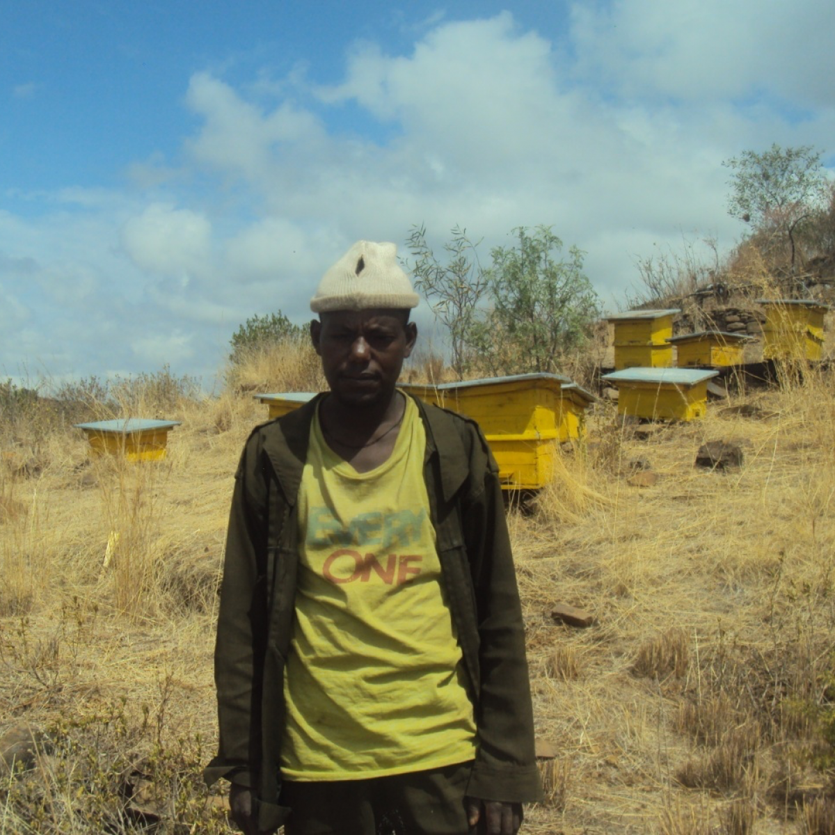 In the Amhara region of Ethiopia, Mariye Amsalu stands in front of the bee colonies his youth group manages. 