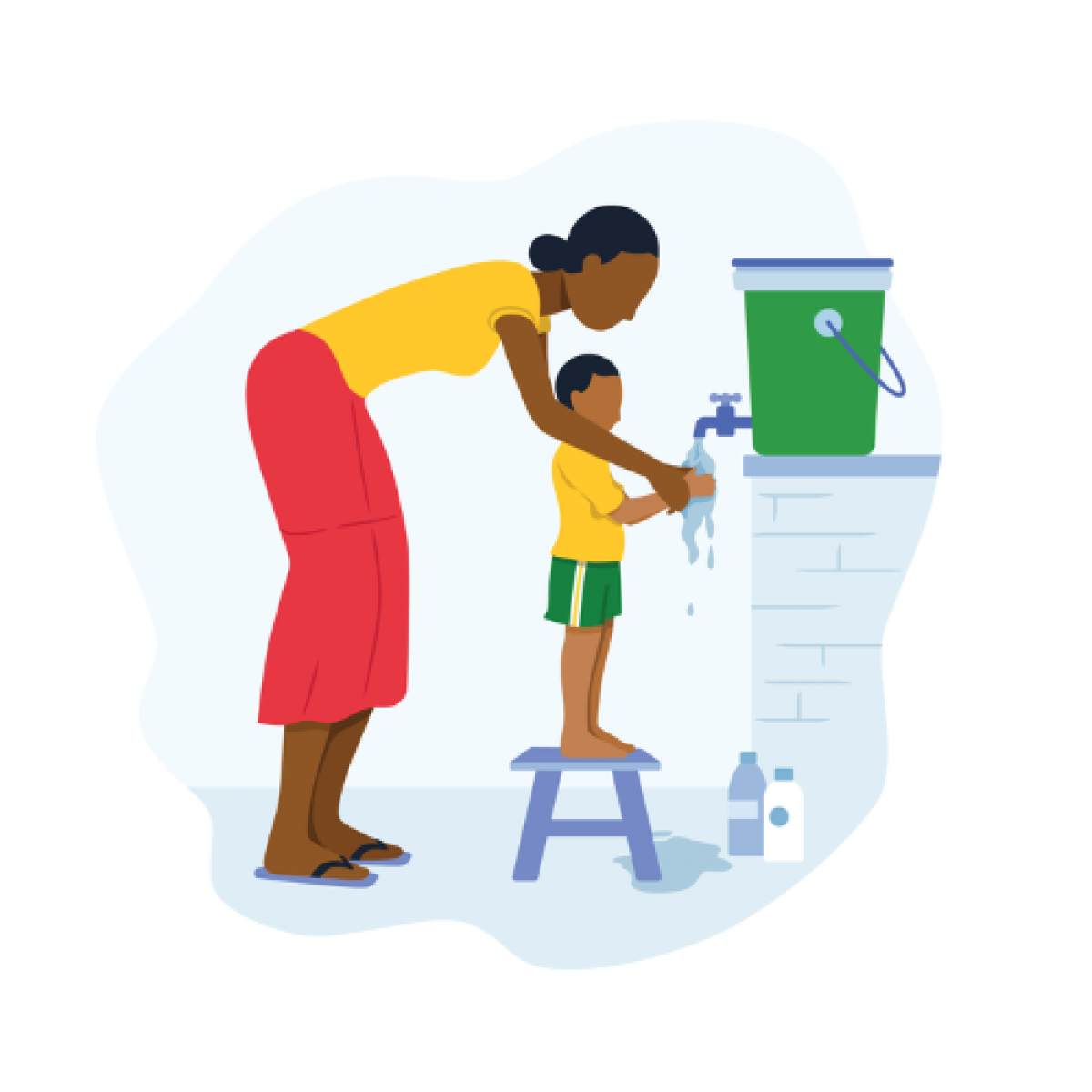 Illustration of mother instructing her child on proper handwashing